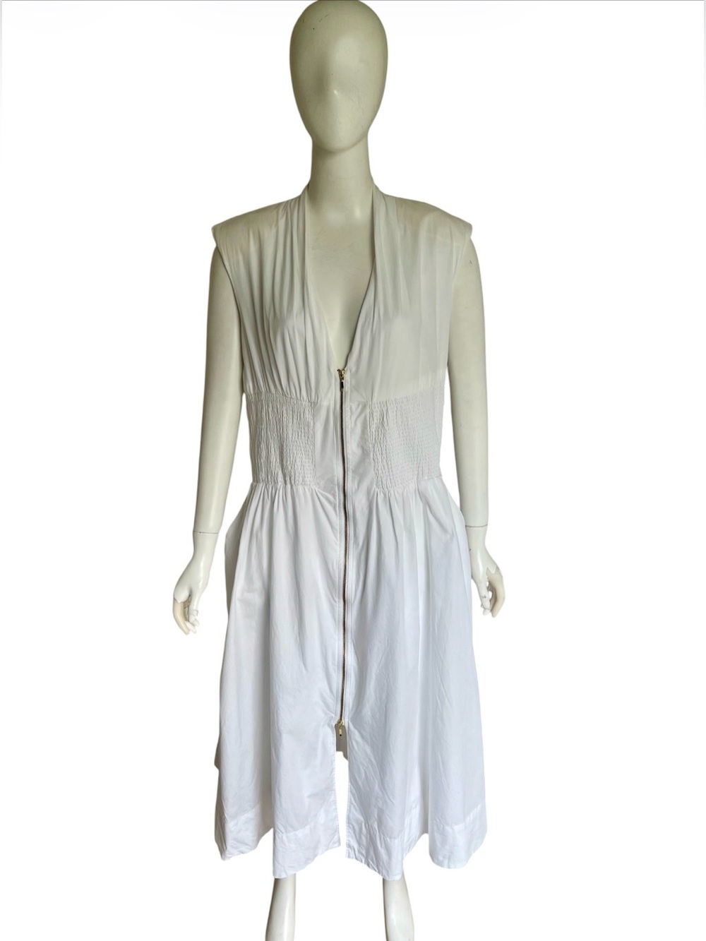 Anthropologie Tommie Cap Sleeve Smocked Zip Front Midi Shirt Dress White Size M - Picture 6 of 13